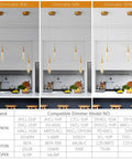 Teardrop Crystal Pendant Lights For Kitchen Island, dimmable LED gold fixture with brushed brass look at 30%, 50%, 100% brightness.