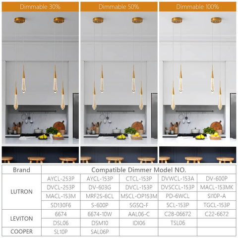 Teardrop Crystal Pendant Lights For Kitchen Island, dimmable LED gold fixture with brushed brass look at 30%, 50%, 100% brightness.