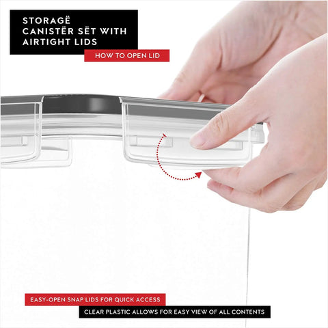 Close-up of hands opening clear storage canister lid, part of Set Of 4 Airtight Cereal Storage Canisters 4L Each With Lids, BPA Free.