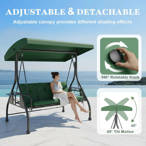3-Person Outdoor Porch Swing Bed With Stand And Adjustable Canopy For Adults, features adjustable green canopy, shown on patio.