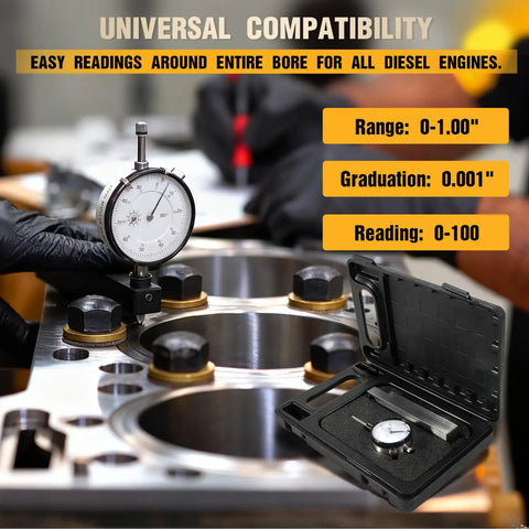 Pro Grade Diesel Engine Sleeve Height And Counter Bore Gauge with 0 to 1 Inch range, 0.001 Inch graduation in use on cylinder