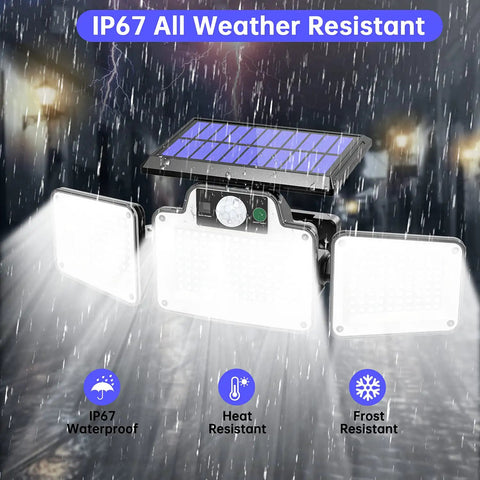 Solar Outdoor Motion Sensor Lights With 280 LED Waterproof IP65 Garden Flood Lights displayed in rain showing durability