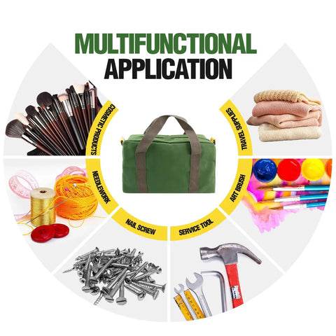 Canvas Tool Bag For Handyman Pros 12 Inch Small Tote With Large Capacity surrounded by tools and crafts for multipurpose use