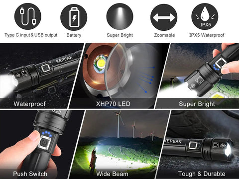 5 Modes 1000 Lumen Beast Mode Tactical LED Flashlight With IPX5 Water Resistance Floodlight Or Spotlight Beam for outdoor use
