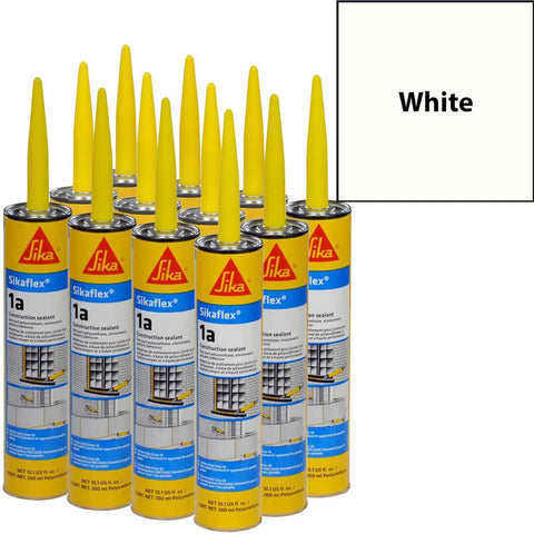 12 Tubes Of 10.1 Oz White Heavy Duty One Component Polyurethane Sealant For Moisture Cure Non Sag Elastomeric Mastic With Strong Adhesion To Concrete Wood And Metal Ideal For Weatherproof Sealing At Home And On The Job shown with yellow applicators