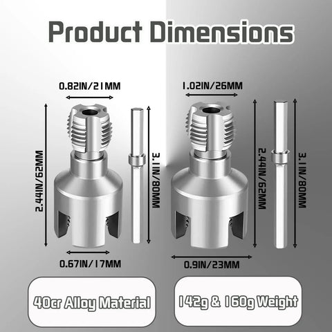 Product dimensions of Premium 2-Piece PVC Pipe Threading Tool Kit For 1/2 And 3/4 Inch Pipes. Shows 40cr alloy construction.