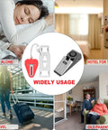 Collage showing uses of Portable Door Lock And Alarm With Dual Protection For Hotels Travel And Home On The Go, red and black.
