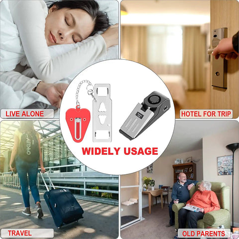 Collage showing uses of Portable Door Lock And Alarm With Dual Protection For Hotels Travel And Home On The Go, red and black.