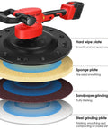 Job Site Ready Electric Drywall Sander With Six Adjustable Speeds showing multiple interchangeable sanding plates for versatile use.