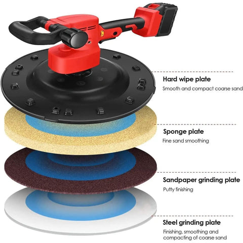 Job Site Ready Electric Drywall Sander With Six Adjustable Speeds showing multiple interchangeable sanding plates for versatile use.