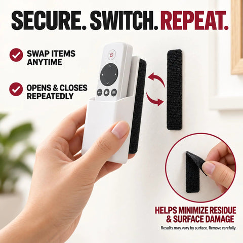 Heavy Duty Hook And Loop Fasteners Double Sided Adhesive Tape Peel And Stick Wall Storage No Drill Needed Holds Like A Champ For Pictures Keys Cables And Gear 48 Pair Roll adhesive tape holding a remote on a wall with peel and stick adhesive.