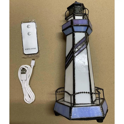 Blue Lighthouse Tiffany Style Stained Glass Table Lamp 5x5x11 Inch Accent Night Light For Home Decor with USB and remote control