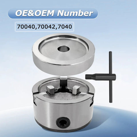 Beefy 3-Jaw Quick Chuck Adapter Set for 1 Inch Arbor Brake Lathes, shown disassembled with chuck key and plate