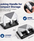 Heavy Duty Lever Action Paper Punch, 50 Sheet Capacity For Three Ring Binders with compact locking handle for storage.