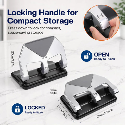 Heavy Duty Lever Action Paper Punch, 50 Sheet Capacity For Three Ring Binders with compact locking handle for storage.