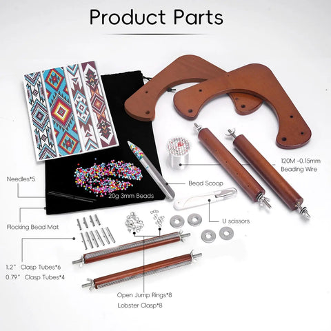 Wood Bead Loom Kit For Jewelry Making With Detailed Instructions, parts including beechwood loom, 3mm beads, 5 needles, thread, accessories.