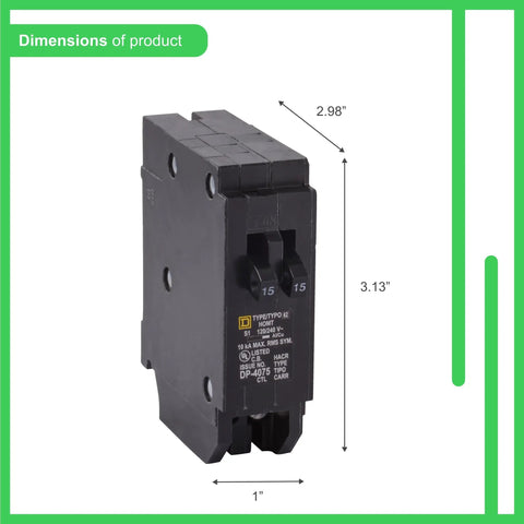 Image showing dimensions of Homeline Twin 15 Amp Single Pole Tandem Circuit Breaker With 10kA Interrupt Rating And Easy Plug On Design, 3.13" height, 2.98" depth, 1" width.