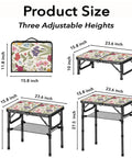 Small Camping Table With Vintage French Floral Pattern Folding Design Adjustable Height Lightweight Portable Picnic Table With Carry Handle For Patio Living Room And Travel, folded and unfolded views at three heights.