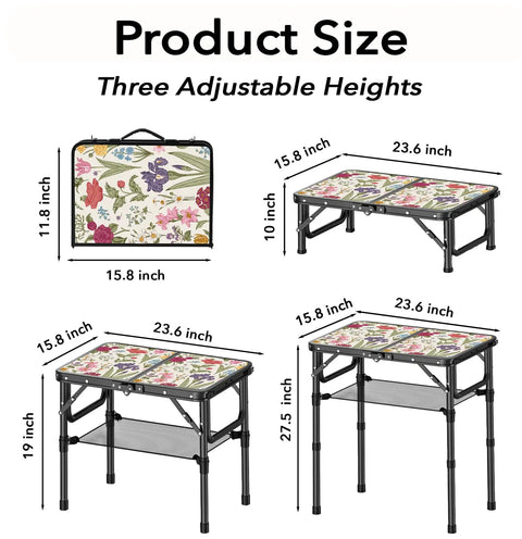 Small Camping Table With Vintage French Floral Pattern Folding Design Adjustable Height Lightweight Portable Picnic Table With Carry Handle For Patio Living Room And Travel, folded and unfolded views at three heights.