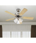 Newtown 42 Inch Indoor LED Ceiling Fan With Light Brushed Nickel Finished With Reversible Light Maple And Bird's Eye Maple Blades Combo Mount Ready For Small Rooms Up To 100 Sq Ft Energy Efficient LED Light Kit With Water Glass. Shown installed in a room with curtains.