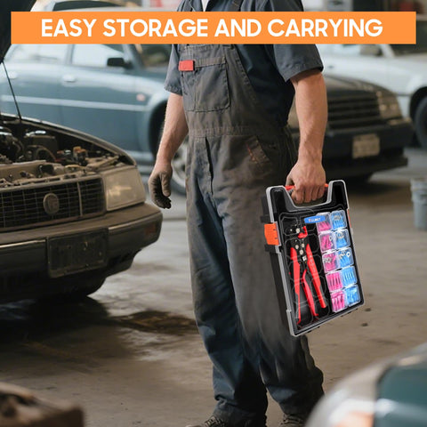 Mechanic holding All In One Wire Crimping Kit With 340 Heat Shrink Connectors for automotive, marine and electrical repairs