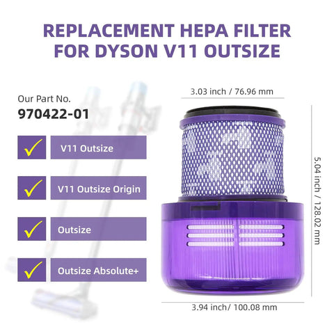 Outsize Vacuum Filter 2-Pack True HEPA Replacement Filters For Outsize Series And V11 Outsize Models Including Origin And Absolute Plus SV16 SV29 Replaces 970422-01 with dimensions