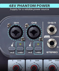 Close-up of 48V Phantom Power input on 4 Channel DJ Audio Mixer With 2 Mic Inputs REC And Tape Built In DSP Effects Dope