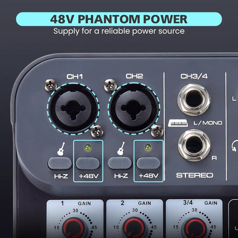 Close-up of 48V Phantom Power input on 4 Channel DJ Audio Mixer With 2 Mic Inputs REC And Tape Built In DSP Effects Dope