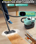 Mint Green 19 In 1 Detachable Steam Mop With Handheld Unit And Huge 54 Oz Tank For Quick Deep Cleaning On Wood Tile And Carpet That Really Kicks Gunk To The Curb Every Time in use on hardwood floor with steam visible.