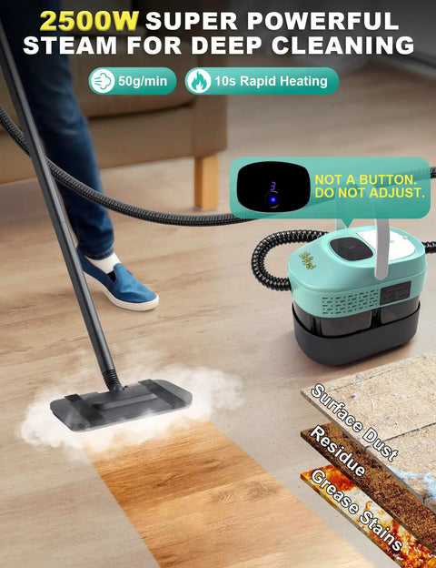 Mint Green 19 In 1 Detachable Steam Mop With Handheld Unit And Huge 54 Oz Tank For Quick Deep Cleaning On Wood Tile And Carpet That Really Kicks Gunk To The Curb Every Time in use on hardwood floor with steam visible.