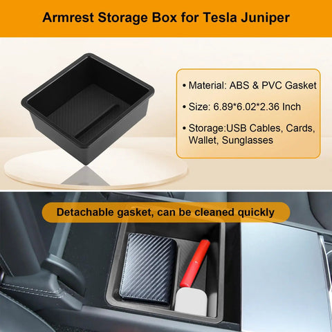 Armrest storage box for Tesla Juniper, ABS PVC material, USB cables, wallet, installed in center console, Five Piece Center Console Organizer Tray Set For Tesla Model Y Juniper 2025 2026 With Armrest Underseat Storage Cup Holder Inserts Hidden Compartment For Family Travel Road Trips And Daily Commutes