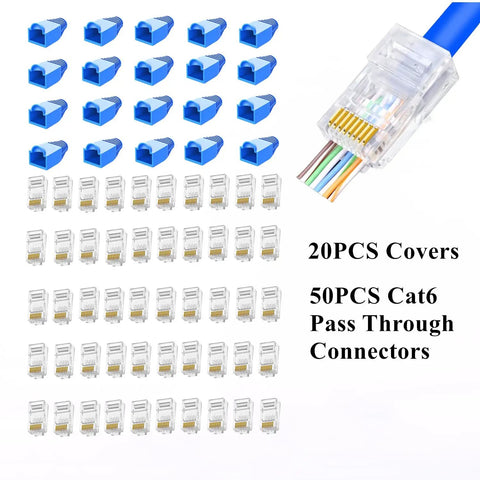 Image showing 50 Cat6 pass-through connectors and 20 blue covers from Pass Through RJ45 Crimp Tool Kit For Cat5, Cat5e, Cat6 And Cat6A With 50 Pass Through Connectors, 20 Covers, Cable Tester, Cutter And Wire Stripper Kit Included.