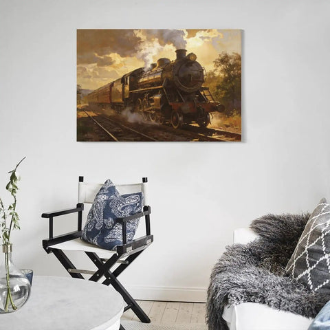Framed Vintage Steam Train Wall Art Canvas Print for Living Room, Office, and Bedroom Decor, Classic Locomotive Railway Picture in 8 By 12 Inch Size, Rustic Cozy Home Vibe