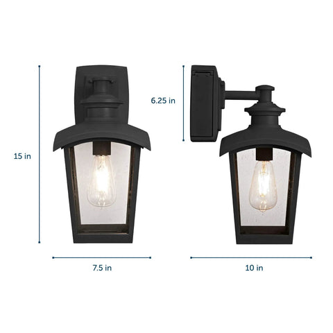 Go-To Outdoor Wall Lantern 1 Light With Seeded Glass And Built In GFCI Outlet Black Finish showing dimensions