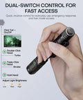 Rechargeable EDC Tactical Flashlight With Dual Switch And Turbo Button in hand showing control features