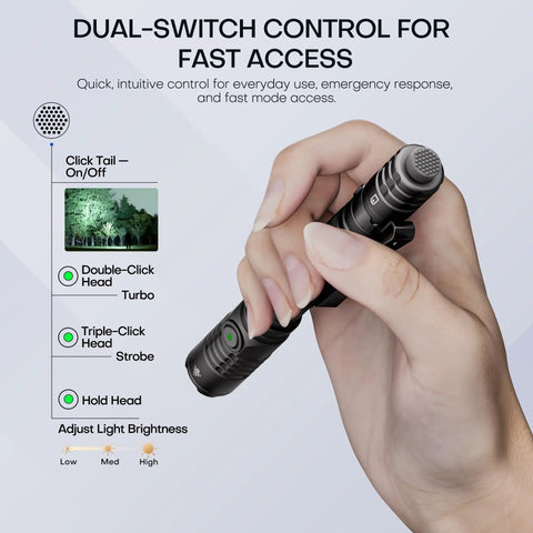 Rechargeable EDC Tactical Flashlight With Dual Switch And Turbo Button in hand showing control features