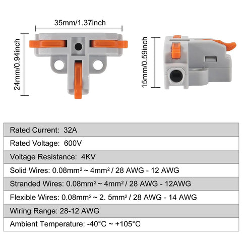 Specifications and dimensions of 10 Pack T Shape Lever Nut Wire Connector Set For Quick 3 Way Splitter 28-12 AWG