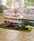 Farm Tractor Bath Mat With Soft Coral Fleece under a table in a living room with couch and plants, cozy non-slip runner floor carpet
