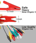 Comparison of red heavy duty 3.1-inch metal alligator clip with smaller 1.2-inch low quality clips in various colors