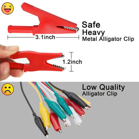 Comparison of red heavy duty 3.1-inch metal alligator clip with smaller 1.2-inch low quality clips in various colors