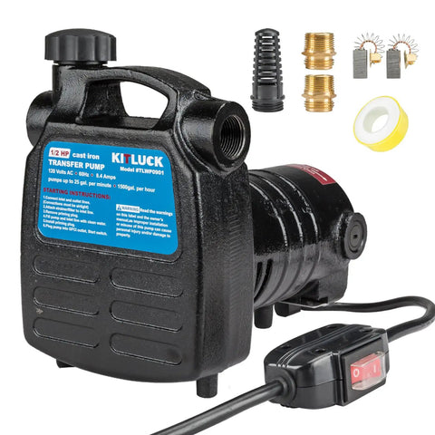 Water Transfer Pump, KITLUCK 120V 1/2 HP 1500GPH Cast Iron Portable Electric Utility Water Pump with accessories and ON/OFF switch