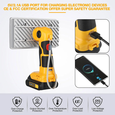 Beast LED Work Light 30W 3300LM with USB port charging phone, zinc alloy body, shown with Dewalt battery compatibility.