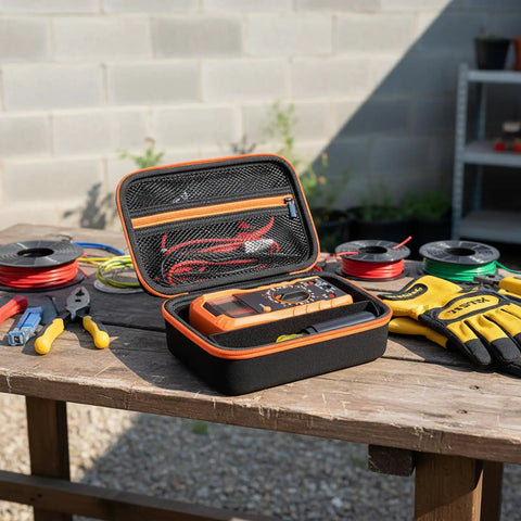 Built Tough Waterproof Multimeter Storage Case For MM325 MM420 MM69149P And More on a table with tools