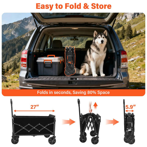 Foldable Utility Wagon With Wheels For Groceries And Camping in SUV with dog, illustrating compact storage.