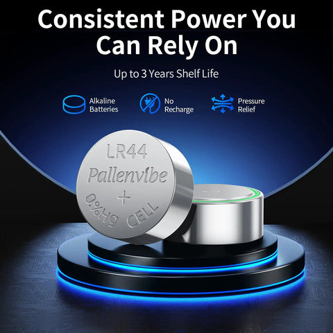 Thirty Pack LR44 Button Coin Batteries AG13 A76 L1154F SR44 Compatible Gadgets With One Point Five Volts Alkaline Power, silver battery on display.