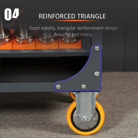Detail of Rock Solid Cnc Tool Trolley With Smooth As Butter Rolling Casters and Slick Abs Buffer Trays showcasing triangular reinforcement for stability.
