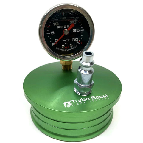 Front view of Turbo Boost Leak Tester: green aluminum base with pressure gauge and air fitting