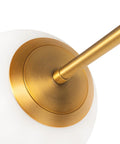 Close-up of the brushed gold fixture and frosted globe of the Brushed Gold Five-Globe Semi-Flush Mount Light With Dope Mid-Century Vibe.