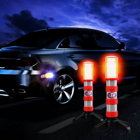 LED Road Flares For Vehicles With Three Alert Modes Flashing Red Solid Red And White Flashlight near car at night