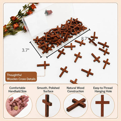 Hella Sturdy Wooden Cross Charms Bulk Pack Of Sixty Pocket Size Beads With Pre Drilled Hole For DIY Necklace Projects And Religious Craft Supplies Top Shelf Quality, showing wooden cross charms in a clear container.